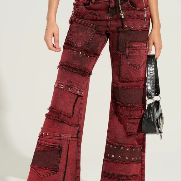 AKIRA Pants - Y2K Red Distressed Wide Leg Cargo Denim Pants Grunge Size L
